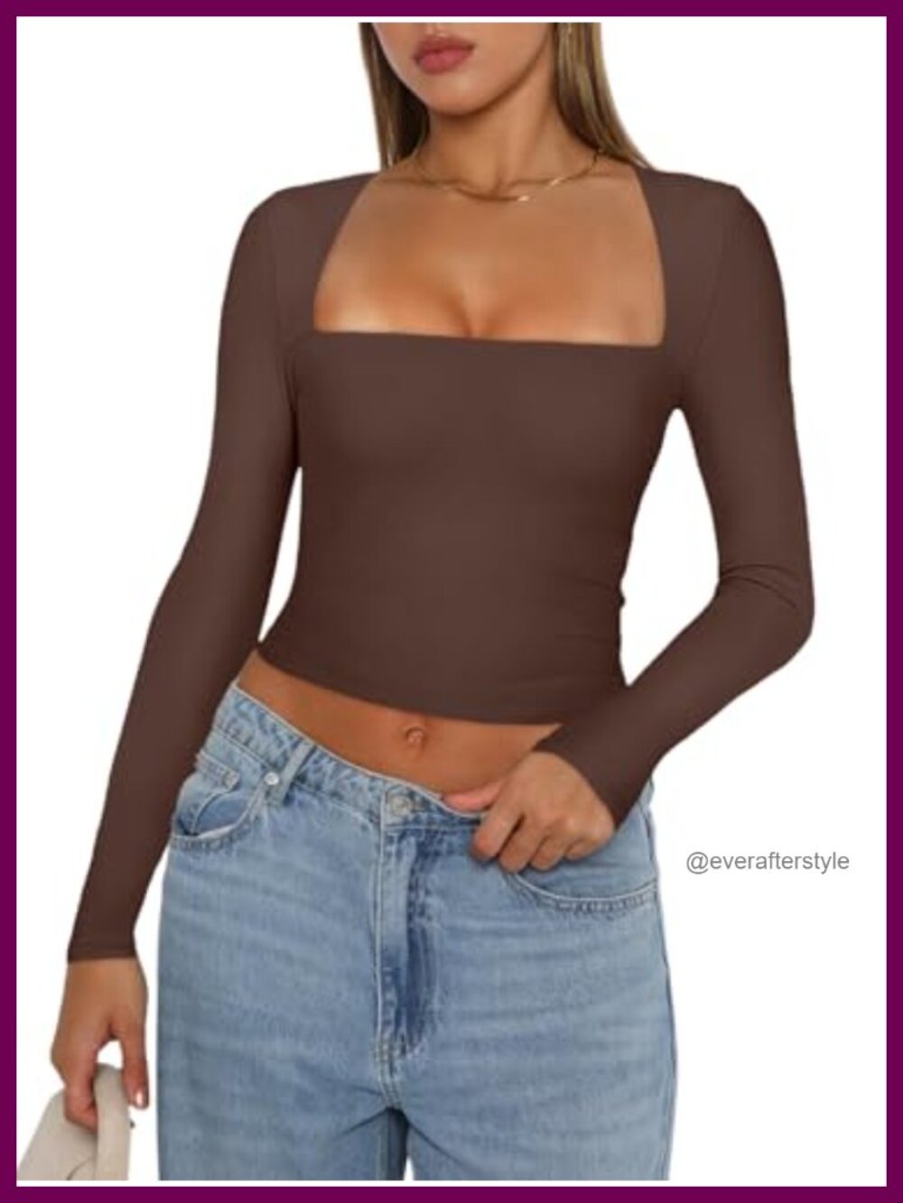 REORIA Women's Square Neck Long Sleeve Crop Top Y2K
